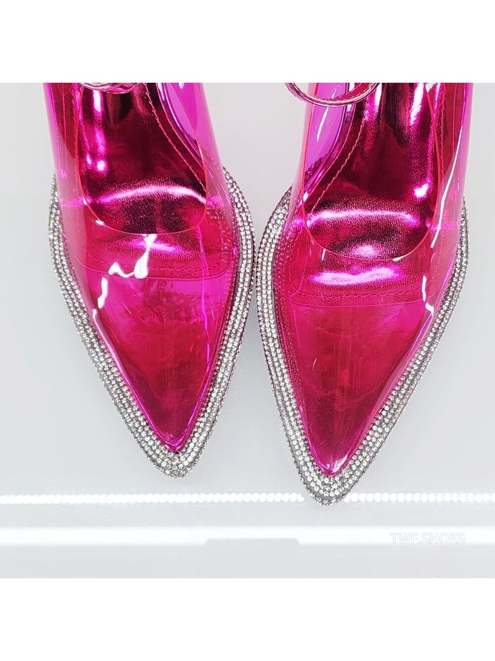 Timeless Fuchsia Pink Translucent Metallic Mini Rhinestone Platform Pumps Heels - Picture 4 of 10